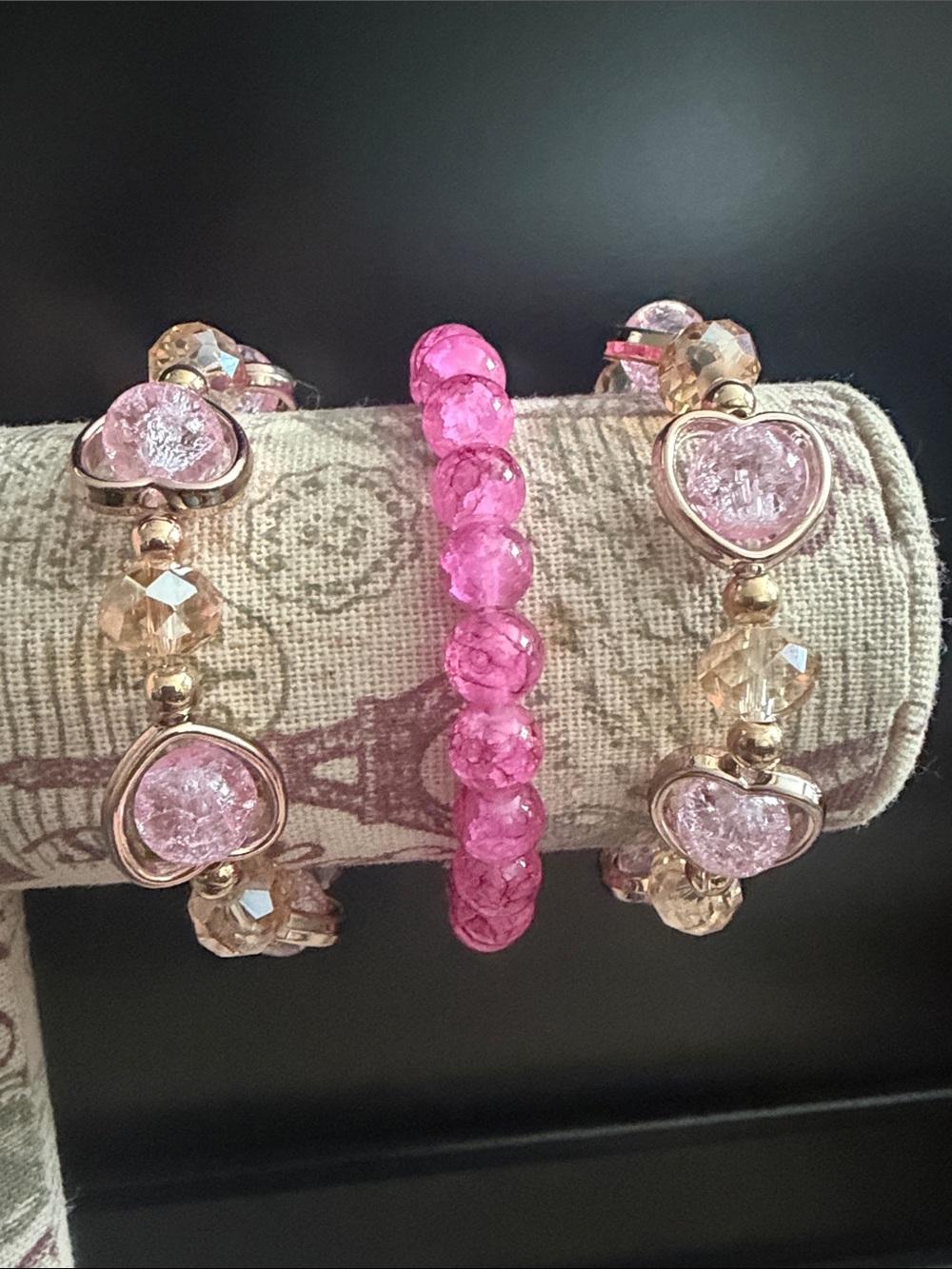 Pink Heart & Bead Bracelet Set - Gold Accents